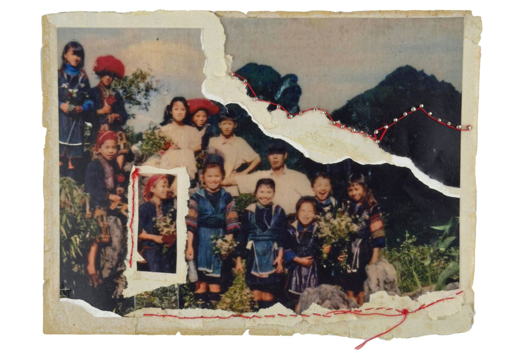 Family photographs combined with torn paper and stitching